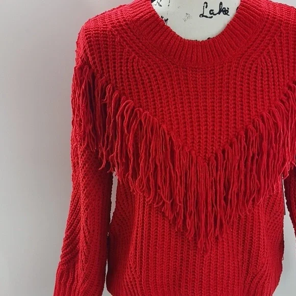 No Boundaries Fringe Sweater Red Yarn Knit Crew Neck Casual Womens XL - Picture 3 of 8